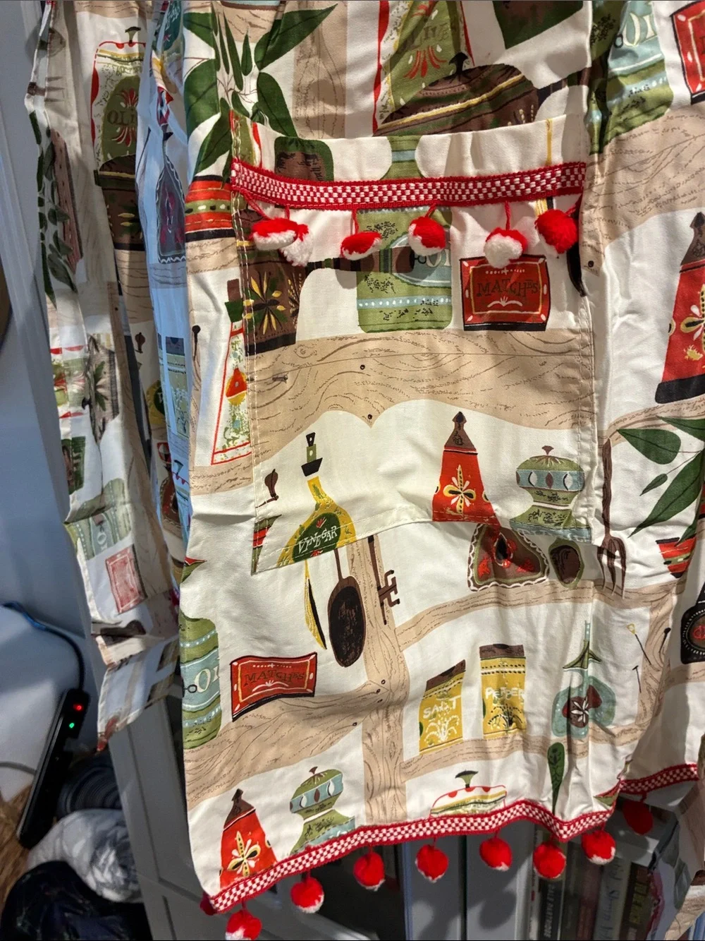 Vintage Kitchen Apron with Red Pom-Pom Trim!! Never Used!